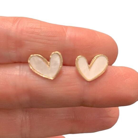 Love Heart Stud Earrings, White Iridescent Enamel, Sweetheart Glam Opalescent - Picture 1 of 10